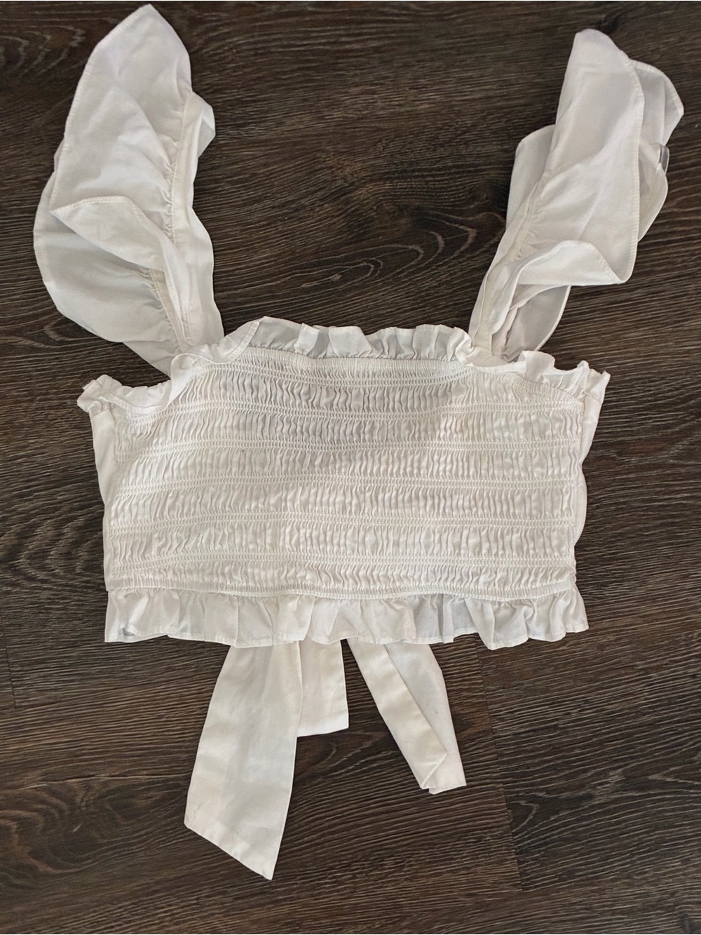 Altar'd State White Smocked Ruffle Tie-Back Crop Top